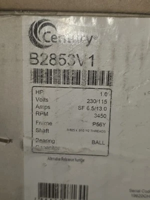CENTURY B2853V1 - Pool Pump Motor, Century, 1.0hp, 115/230v, 1-Spd, 56YFr, SQF - Image 1 of 2