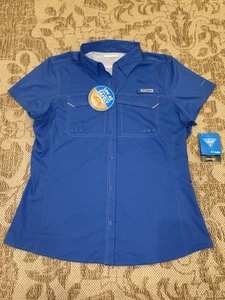 NWT Columbia OMNI-SHADE Size L Womens Blue Short Sleeve Button Up Outdoor Shirt - Picture 1 of 12