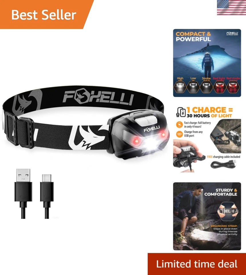 Foxelli USB Rechargeable Headlamp Flashlight - 160 Lumen up to 30 FBA Mx10b