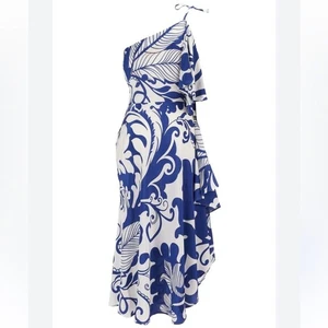NWT La DoubleJ Cassandra One-Shoulder Silk Crepe Dress in Blue/White, Size S - Picture 1 of 14