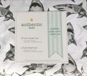 Authentic Kids  Twin Size Bed Sheet Set Gray Sharks on White - Picture 1 of 2