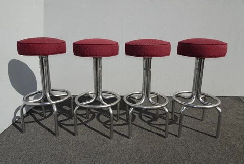 Set of Four Mid Century Modern Burgundy Barstools w Chrome Base Bar Stools Cover