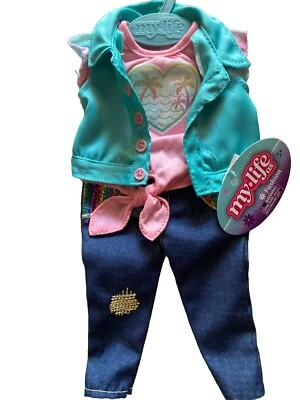 My Life As Sea Scape Shirt Denim Pants & Teal Jacket Fashion Outfit 18” Dolls - Image 1 of 4