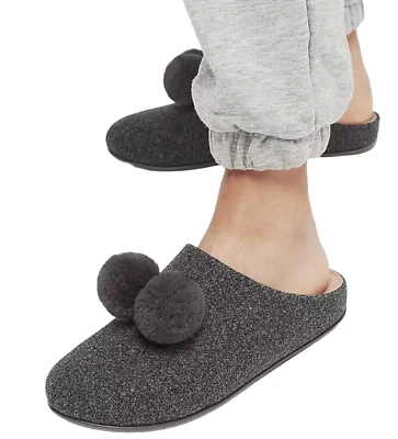 NEW FITFLOP CHRISSIE PEWTER GREY POM POM SLIP ON MULES SLIPPERS SHOES 5 - Image 1 of 4