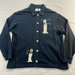 ONQUE CASUALS BLACK Button Front Jacket Embroidered Cats SZ LG Crazy Cat Lady - Picture 1 of 12