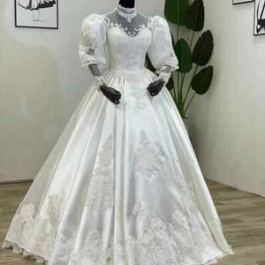 Vintage Wedding Dresses Long Puff Sleeves Satin Victorian 1950s Bridal Gowns - Picture 1 of 9