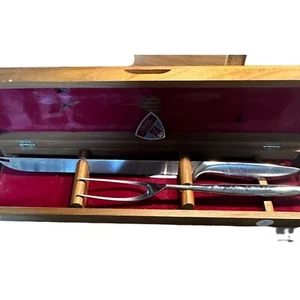 Vintage Gerber Carving Set Fork/Knife with Maple Wood Storage Box Damaged Lining - Picture 1 of 21
