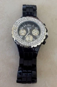Tecno Women's Black Watch Double Crystal Round Black Dial Designer Style New! - Picture 1 of 3