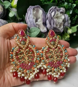 Pakistani Naurattan Big Drop Dangle Earrings Pearls Stone High Quality Gold... - Picture 1 of 5