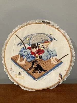 Aro de pared vintage Crewel arte Norman Rockwell galería de pesca pared núcleo de abuela Foto 1 de 4