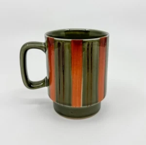 Vintage Japan Stoneware Olive Green w/ Orange & Bronze Stripes Coffee Mug - 8 oz - Picture 1 of 7