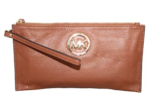 MICHAEL KORS Fulton Large Slim Clutch Wristlet Brown Tan Pebbled Leather 35S3GF - Picture 1 of 5