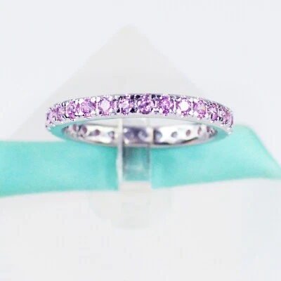 925 Sterling Silver  Pink Cubic Zirconia CZ Crystal Women Eternity Band Wedding - Image 1 of 4