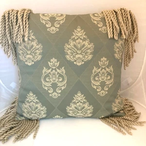 Vintage Sage Green & Cream 16x16 Decorative Throw Pillow Reversible w/Tassels - Picture 1 of 5