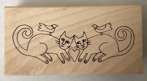 RubberMoon Paar verliebte Katzen Vögel auf Rückseite Holz montiert Gummistempel - Bild 1 von 5