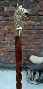 WOLF Handle Specialty Rod Handmade Walking Stick Solid Brass Wooden Vintage Can - Picture 1 of 5