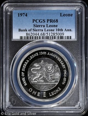 1974 Bank of Sierra Leone 10th Anniversary Commem Silver Proof Coin PCGS PR 68 - Image 1 of 4