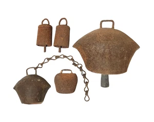 5 Antique Hand-Forged Iron Herding Bells, Rustic Ethnographic Asian Set - Picture 1 of 5