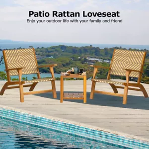 3 Piece Wooden Garden Bistro Set Acacia Wood Table Rattan Chairs Patio Furniture - Picture 1 of 8