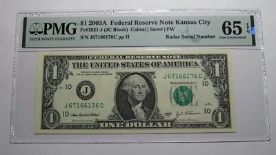 $1 2003 Radar Serial Number Federal Reserve Currency Bank Note Bill PMG UNC65EPQ - Image 1 of 3