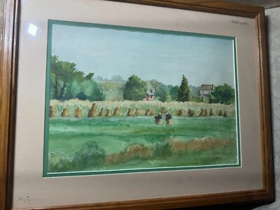 Pintura en acuarela vintage "Dos trabajadoras en el campo" - firmada y enmarcada Foto 1 de 4