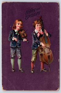 Vintage Postcard Happy Birthday Children Playing Musical Instruments - Picture 1 of 2