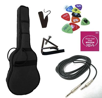 MSA ZUBEHÖRPAKET E-GITARRE: Tasche, Band, 10xPiks, Saiten SK40, Kapo CA3, Kabel ox