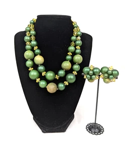 Deauville Double Strand Necklace Matching Clip On Earrings Signed Vintage Green - Picture 1 of 18