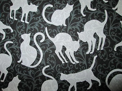 WICKED CATS GRAY INTRICATE BAROQUE DESIGN CAT SPOOKY BLACK COTTON FABRIC FQ - Image 1 of 4