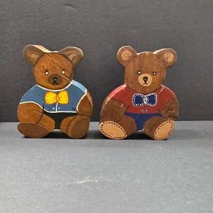 Hand Painted Wooden Teddy Bear Figurines Set of 2 Cute Decor 3.5inch tall - Picture 1 of 5