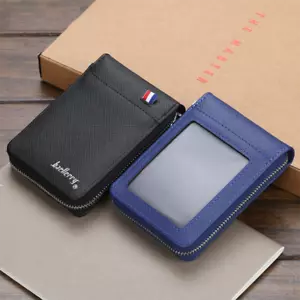 Men's Thin Zipper Faux Leather Wallet Credit Card Holder Pocket Purse Clutch - Picture 1 of 12