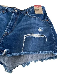 Levi's 501 neu mit Etikett hochrissige Damenshorts dunkelblau Fransen Größe 33 Knopfleiste 60 $ - Bild 1 von 9