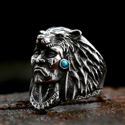 Ancient Tribal Indian Chief Ring Stainless Steel Men's Heavy Ring Biker Jewelry - Image 1 of 3