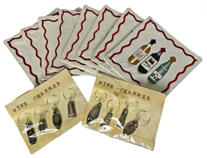 Wine Glass Coasters  (8) Linen Embroidered + Wine Glass Charms (8)  Vintage NEW - Picture 1 of 9