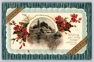 Postal alemana vintage deseándote muchos felices devoluciones matasellada 1910 en relieve - Imagen 1 de 4