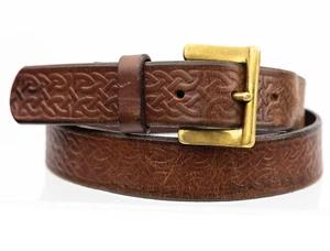 Brown leather belt Celtic Knot embossed pattern gold buckle classic style 35-38" - Picture 1 of 8