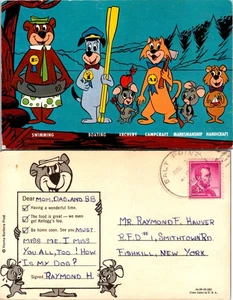 Colorful Postcard with Cartoon Animals Camping and Swimming Scene - Picture 1 of 1