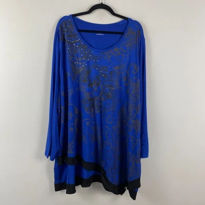 Catherines Embellished Crossover Hem Tunic Size 3X Blue Floral Stretch Long Slv - Image 1 of 4