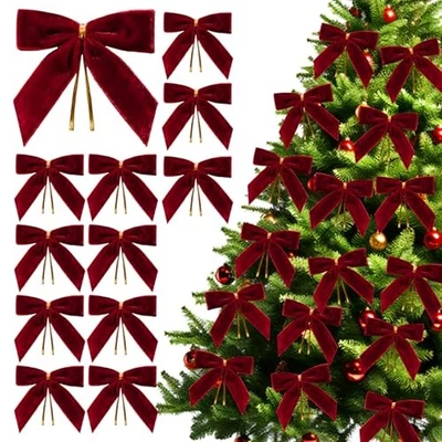 12PCS Red Velvet Bows for Christmas Tree, Bows for Christmas Tree, Garland Red  - Image 1 of 4