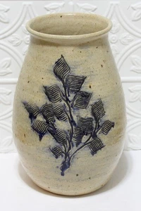 Stoneware Crock Pottery Vase Salt Glaze Cobalt Blue Vine/Leaf Pattern Signed 11" - Picture 1 of 8