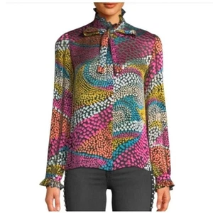 Saloni Polka Dot Devore Satin Blouse Sz 6 Multicolor Sheer Ruffle Cuff Whimsical - Picture 1 of 13