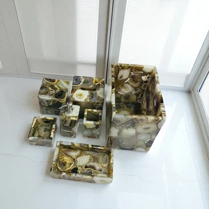 Agate Stone Bathroom Accessory Set 7 Crystal Vanity Decor & Elegant Home Gift De - Picture 1 of 8