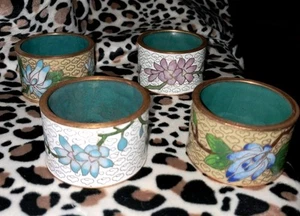 Vintage Chinese Floral Cloisonne Napkin Rings Enamel Set Of 4 Total - Picture 1 of 12