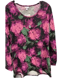 NWT LuLaRoe Large Black Purple Pink Green Floral Knit Lynnae Long Sleeved Shirt - Picture 1 of 10
