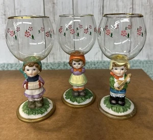 1980s Porcelain Figurine Wine Glasses set-3 by JSNY Taiwan whimsical sweet wine - Picture 1 of 8