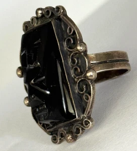 Vintage sterling silver Aztec Ring Mayan Mask Carved black onyx - Picture 1 of 6