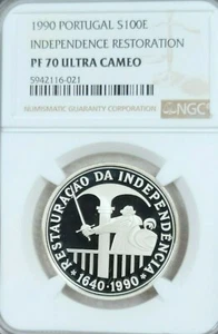 1990 PORTUGAL SILVER 100 ESCUDOS INDEPENDENCE RESTORATION NGC PF 70 ULTRA CAMEO - Picture 1 of 4