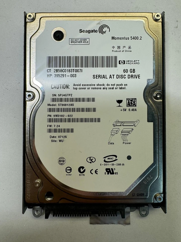 HP 395291-003 ST96812AS 9W3182 60GB 5.4K RPM 8MB CACHE 3Gb/s SATA 2.5" HDD - Image 1 of 4