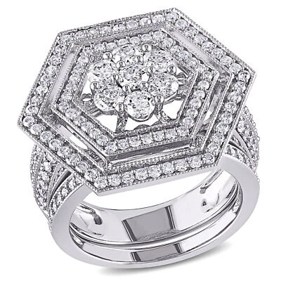 Amour 10k White Gold 2 CT TDW Double Halo Geometric Diamond Bridal Ring Set - Image 1 of 4