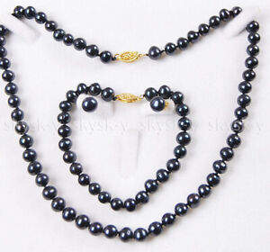 Natural 6-7/7-8/8-9/9-10/10-11mm Black Akoya Pearl Necklace Bracelet Earring Set
